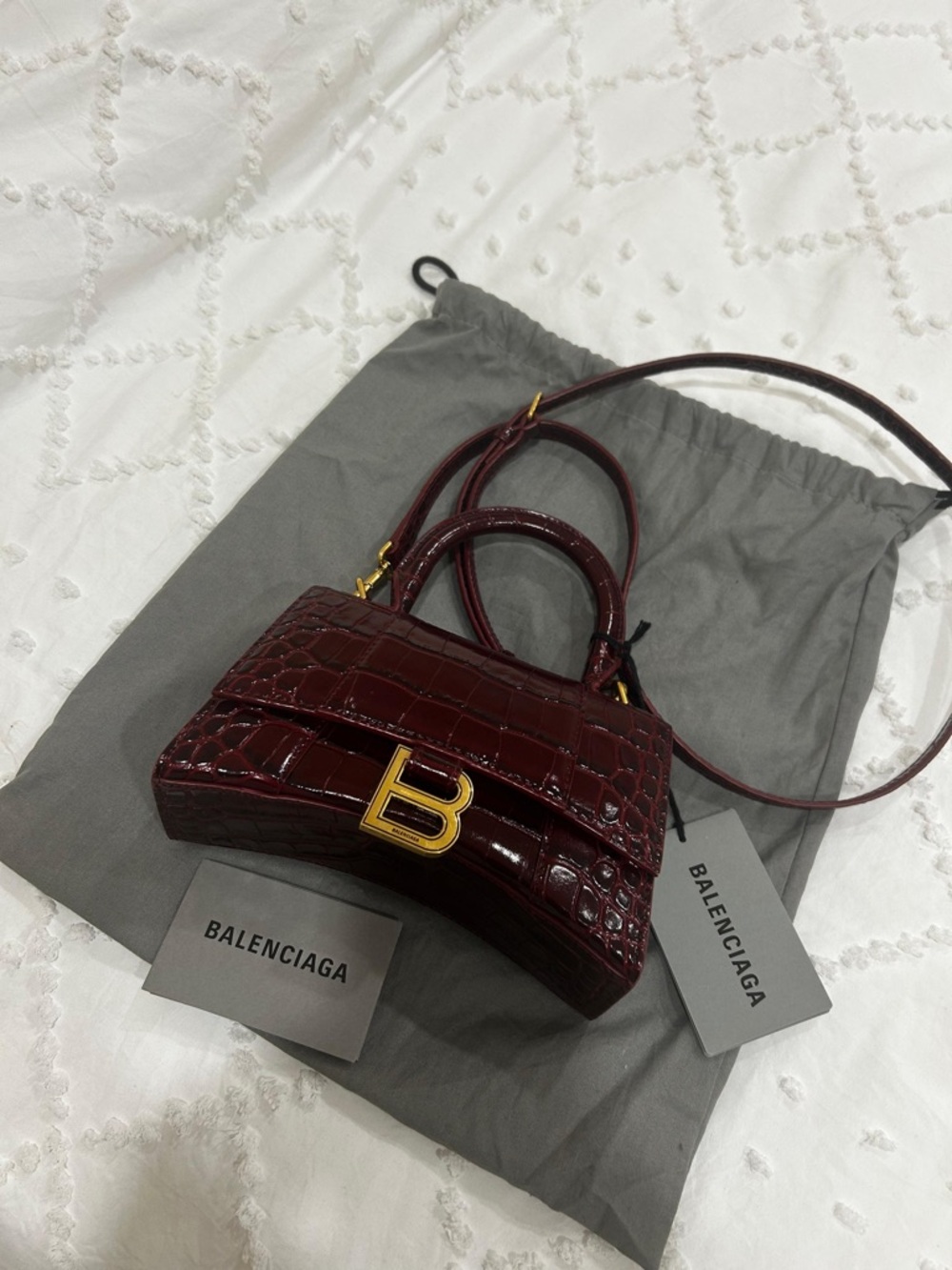 Balenciaga Mini Top Handle Bag in Burgundy Croc-Embossed Leather